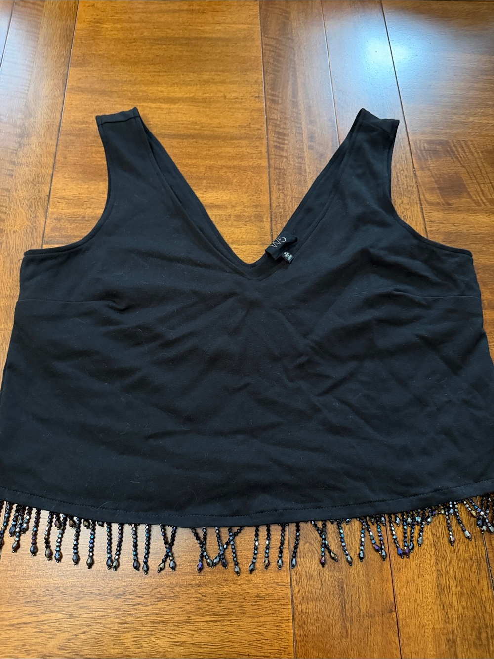 W5 Black V-Neck Beaded Fringe Crop Tank